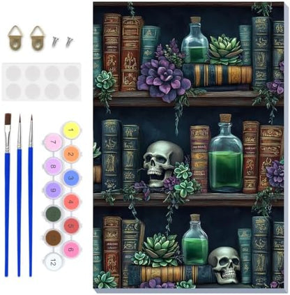 NAIMOER Halloween Paint by Numbers Kits for Adults Beginner with Wooden Framed, Skull Bookshelf Color by Numbers on Canvas Painting Kits for Adults, Easy Paint DIY Acrylic for Home Decor 8X12 Inch by NAIMOER