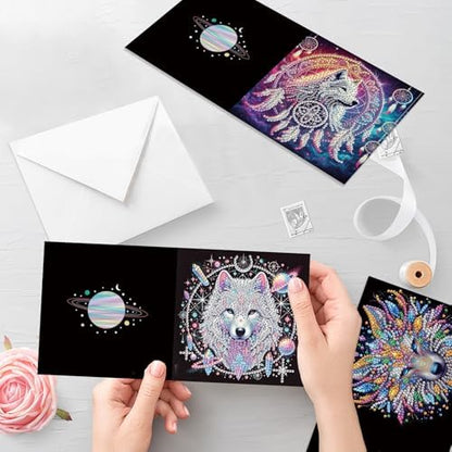 6pcs 5D DIY Diamond Painting Kit Greeting Card, Dreamcatcher Wolf Head Diamond Handmade Greeting Card with Envelope, Holiday Gift Congratulations - Image 6