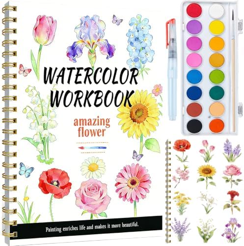 SATFOIV Floral Theme Watercolor Workbooks Set, 16-Color Watercolor Paint+Removable Palette, can Hold Water Watercolor Pens+Watercolor Brushes,14 Beautiful Paintings+2-Page Beginner's Guide by SATFOIV