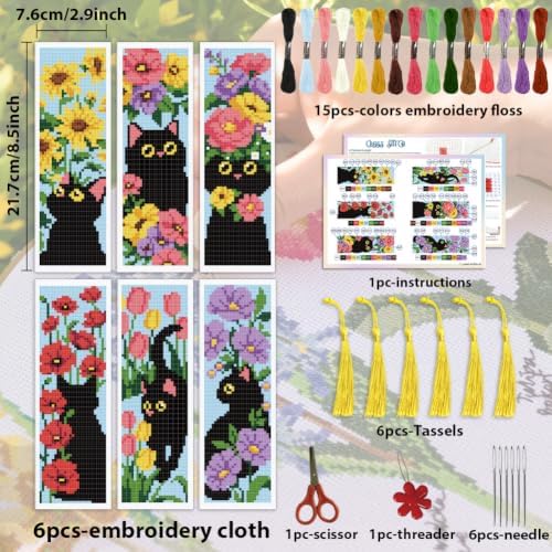 ACRNIGHEET 6PCS Cross Stitch Bookmark Kit for Beginner Stamped Cross Stitch Kits for Adults Cat & Floral DIY Tassel Embroidery Bookmark Kits Needlepoint Kit with Instructions Craft Gift 8.5''x3'' 11CT - Image 2