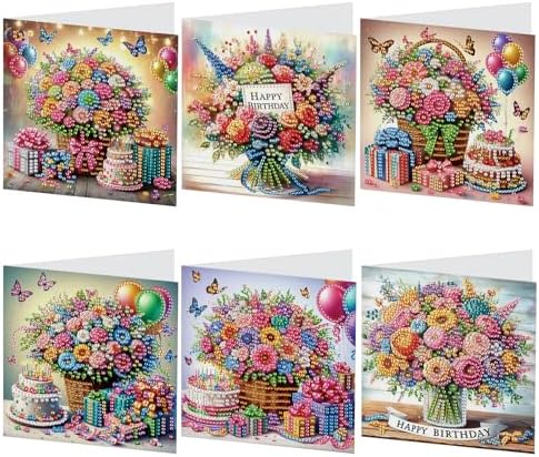 Tontut 6 Pieces Diamond Art Painted Greeting Cards, Flower Basket Gift Butterfly 5D DIY Special Shape Diamond Card Creative Gifts, Christmas Thanksgiving Greeting Card Congratulation by Tontut