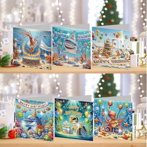 jinglinhh 6pcs Diamond Art Painting Birthday Cake Ocean Lobster Shark Dolphin Sea Turtle Shark Greeting Cards with Envelopes, DIY Card Making Kits for Adults, Diamond Art Christmas Cards Craft Gifts - Image 4