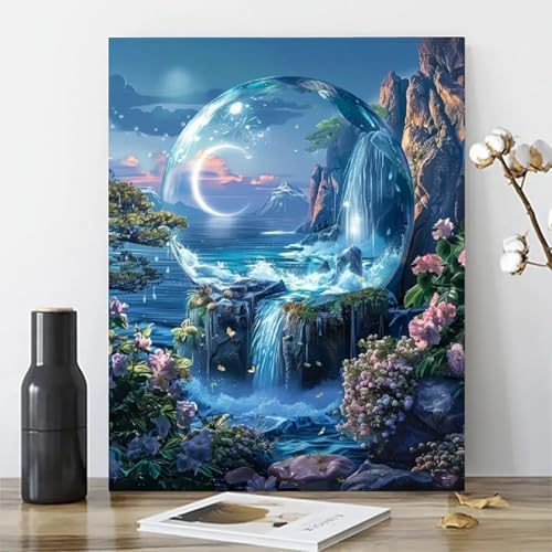 MaiMMaledy Paint by Numbers Kit for Adults Beginners Canvas Pictures with Framed Drawing Painting Acrylic Pigment with Wooden Triangle Easel Waterfall Night View 8Wx12L inch - Image 3