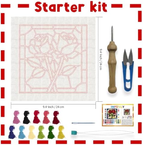 INFUNLY Red Rose Punch Needle Kits for Adults Beginners Flowers Needle Embroidery Starter Kit Floral DIY Punch Needles Kit with Instruction Needles Fabric for Art Crafts Festival Gift Home Decor - Image 2
