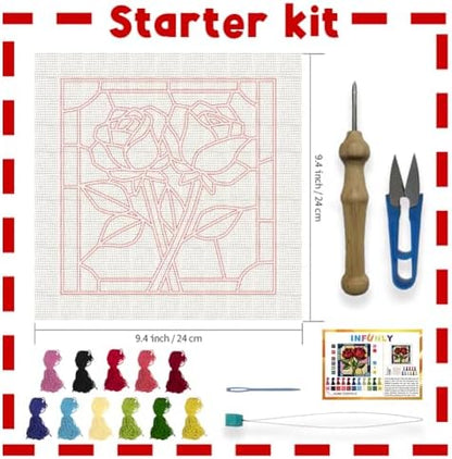 INFUNLY Red Rose Punch Needle Kits for Adults Beginners Flowers Needle Embroidery Starter Kit Floral DIY Punch Needles Kit with Instruction Needles Fabric for Art Crafts Festival Gift Home Decor - Image 2