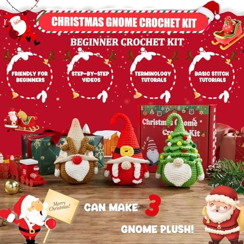 MAGIMUSE Christmas Crochet Kit for Beginners, Crochet Starter Kits for Adults Amigurumi Craft Knitting Crochet Animals Kits with Step-by-Step Video Tutorials, 3 Pack Gnome (40%+ Yarn) - Image 3