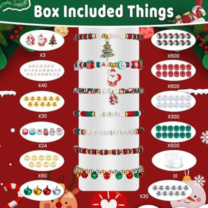 Taybonds Christmas Clay Beads for Bracelets Jewelry Making Kit, Xmas Colored Red Green Heishi Bead Kit,Christmas Charms,Golden Spacer Beads,Letter Beads for Friendship Gift,Holiday Polymer Clay Beads - Image 4