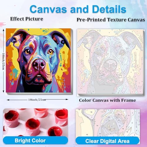 Artunion Framed Paint by Numbers Kit for Adults Beginners & Kids Ages 8-12,Colorful Pitbull Dog Paint by Number with Frame,Dog Animal Paint by Numbers Kit on Canvas 10 * 10 Inch Without Easel - Image 3