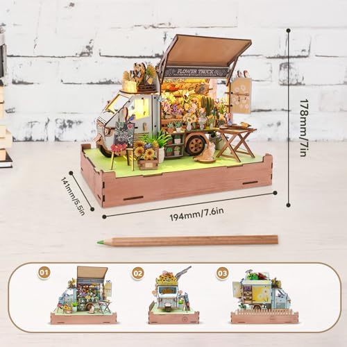 DIY Miniature House Kit (Flower Truck) Tiny Dollhouse Kits for Adults to Build, Mini Model Kits with LED Light&Music Box&Dust-Proof Cover, Birthday Gifts for Family Friends - Image 3