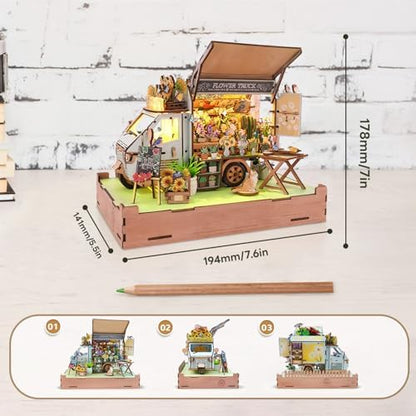 DIY Miniature House Kit (Flower Truck) Tiny Dollhouse Kits for Adults to Build, Mini Model Kits with LED Light&Music Box&Dust-Proof Cover, Birthday Gifts for Family Friends - Image 3