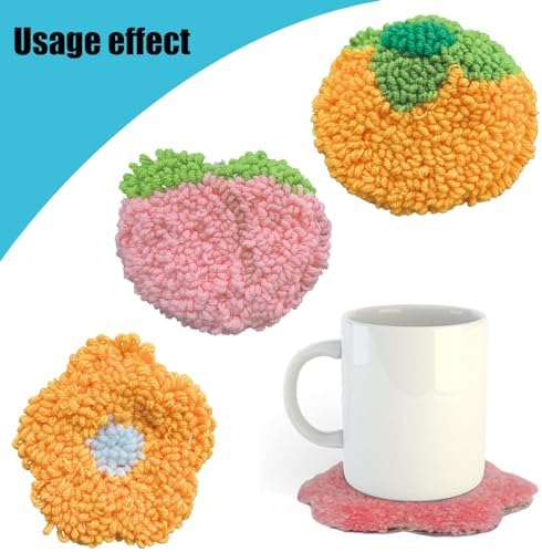 Allazone Punch Needle Coasters Kit, 6 Pattern Embroidery Punch Needle Kits, Punch Embroidery Kit, Fruit Pattern Coasters with Felt Yarns Hoop Tools for DIY Crafts - Image 4