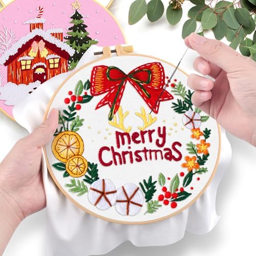 ERKOON 5 Sets Embroidery Kit for Beginners, Christmas Cross Stitch Set with Easy Pattern Embroidery Cloth Hoops Threads for Craft Lover Hand Stitch - Image 5