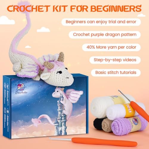Crochet Kit for Beginners, Beginner Crochet Kit for Adults with Step-by-Step Video Tutorials, DIY Crochet Animal Kits Knitting Supplies, Purple Dragon (40%+ Yarn) - Image 3