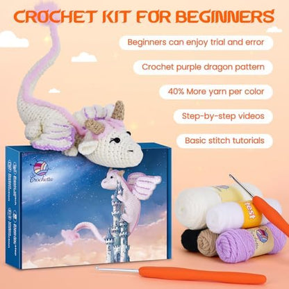 Crochet Kit for Beginners, Beginner Crochet Kit for Adults with Step-by-Step Video Tutorials, DIY Crochet Animal Kits Knitting Supplies, Purple Dragon (40%+ Yarn) - Image 3
