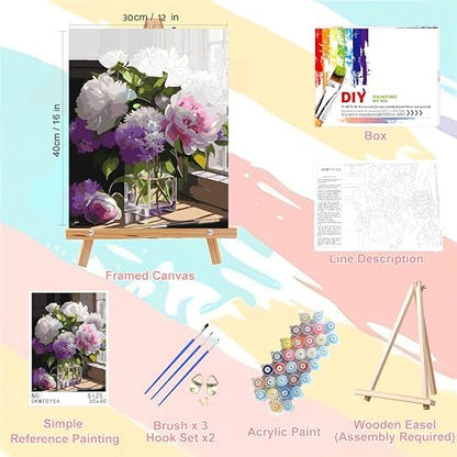 Peony Paint by Numbers for Adults with Framed Canvas - with Wooden Easel - Image 2