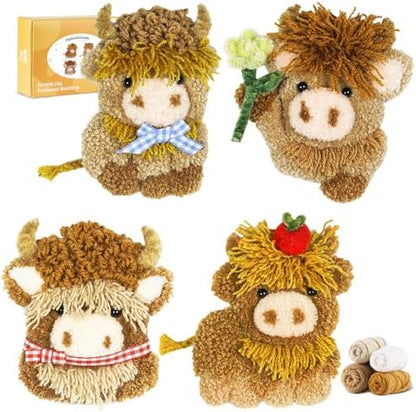 Punch Needle kit-4,Embroidery kit for Beginners,Punch Needle Kits Adults Beginner,Needles, Curved Scissors, a Tool Storage Box, Yarn, Easy-to-Follow Instructions, and Tutorial Videos(4 Highland Cow) by MOREJMTT