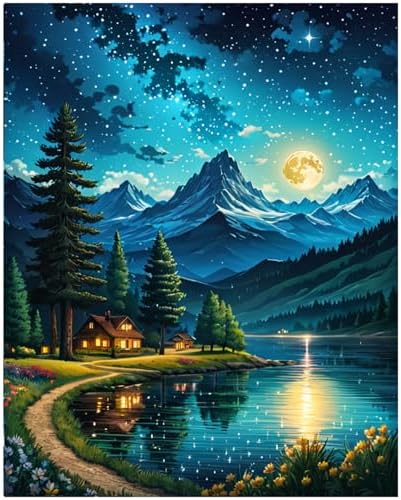 Lovepefe Mountain Paint By Numbers Kit for Adults Lakeside Cabin Adult Paint By Number Kits On Canvas Moon Night Oil Painting Kit for Beginners Adults Kits for Gift Home Wall Decor 16x20 Inch by Unknown