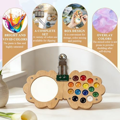 EVOCKAY Mini Watercolor Paint Palette with Clip Perfect for Artists, Painters & Students - Wooden Travel Kit 24 Colors-15 Grids（shell-shaped walunt） - Image 3