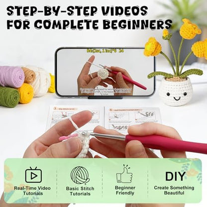 Totiro Crochet Kit for Beginners, Potted Flower Amigurumi Starter Kit, Easy DIY Arts & Craft Set with Step-by-Step Video Tutorials, Crochet Pattern Learning Kit for Teens Adults Birthday Gift - Image 2