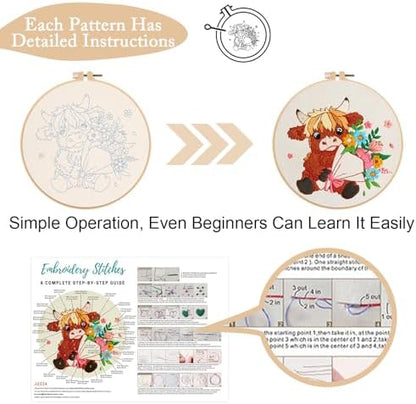 Nuberlic 3 Pack Embroidery Kit for Beginners, Highland Cow Embroidery Kits - Image 6