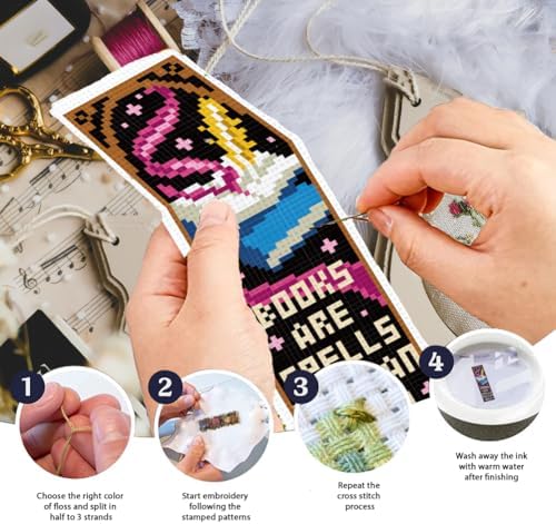 INFUNLY 6 Pcs Magic Book Cross Stitch Bookmark Kit with Tassels, Stamped Pre-Printed Embroidery for Adult Beginners, Tools with Floss Scissors Needles Instructions, DIY Gift for Book Lovers - Image 4
