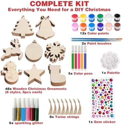 Christmas Ornaments Craft Kit, 48 Pcs Blank Wood Slices for Painting with Paint Pens and Brushes, DIY Wooden Christmas Ornament Set for Tree Decorations, Family Holiday Activities and Gifts - Image 4