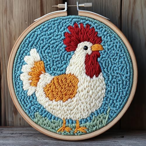 DIY Punch Needle Kits Cute Cartoon Rooster with Hoop 20x20cm-1 by Unknown