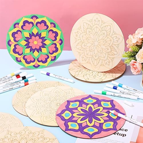 Vercraft 22 Pcs Wooden Mandala Painting Set 10 Cutouts 12 Markers, Stylish - Image 4