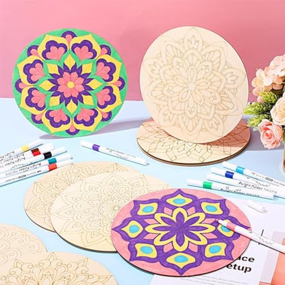 Vercraft 22 Pcs Wooden Mandala Painting Set 10 Cutouts 12 Markers, Stylish - Image 4
