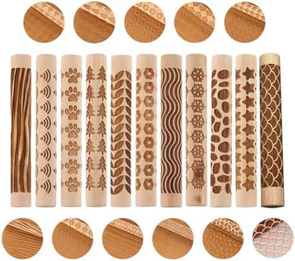 11-Pc Wood Texture Roller Set – Embossed Pattern Clay Rolling Pins & Carved Stamps for Handbuilding Pottery DIY Art Crafts (11 Wooden Texture Sticks) by PJxtalLifeGallery