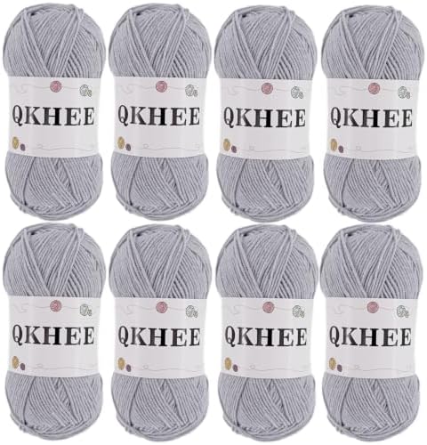 QKHEEYarn for Crocheting and Knitting 8 * 1.76 Oz (50G) /195yd, Fine/Fingering Weight (1), 60% Cotton 40% Acrylic Soft Yarn kit for Making Granny Squares and amigurumi (Light Gray) by QKHEE