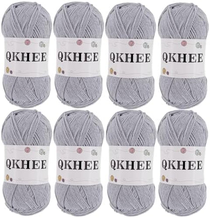 QKHEEYarn for Crocheting and Knitting 8 * 1.76 Oz (50G) /195yd, Fine/Fingering Weight (1), 60% Cotton 40% Acrylic Soft Yarn kit for Making Granny Squares and amigurumi (Light Gray) by QKHEE