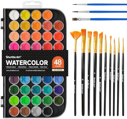Shuttle Art 58 Pack Watercolor Paint Set, 48 Colors Watercolor Pan with 10 Paint Brushes for Beginners, Artists, Kids & Adults to Water Color Paint, Bullet Journal, Calligraphy Practice by ShuttleArt