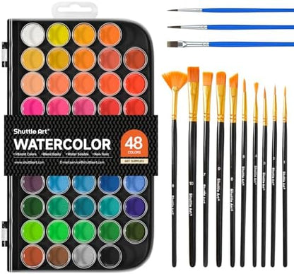 Shuttle Art 58 Pack Watercolor Paint Set, 48 Colors Watercolor Pan with 10 Paint Brushes for Beginners, Artists, Kids & Adults to Water Color Paint, Bullet Journal, Calligraphy Practice by ShuttleArt