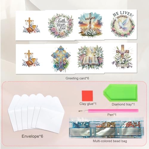 JISHSHAY 6 PCS Crucifix Diamond Painting Greeting Cards Jesus Diamond Art Birthday Cards with Envelopes Gem Art Mosaic Kits for Adults, for Anniversary Valentine Thank You Graduation All-Occasion - Image 3