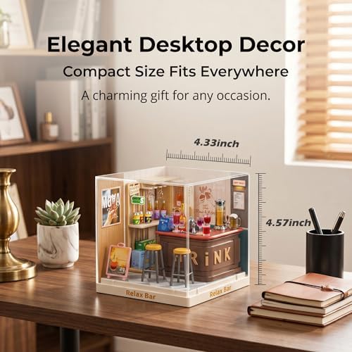 Relax Bar Miniature House Kit, Plastic DIY Dollhouse with Bar Counter & High Chairs, Stackable Transparent Dust Cover, Creative Desktop Decor for Adults Teens - Image 7