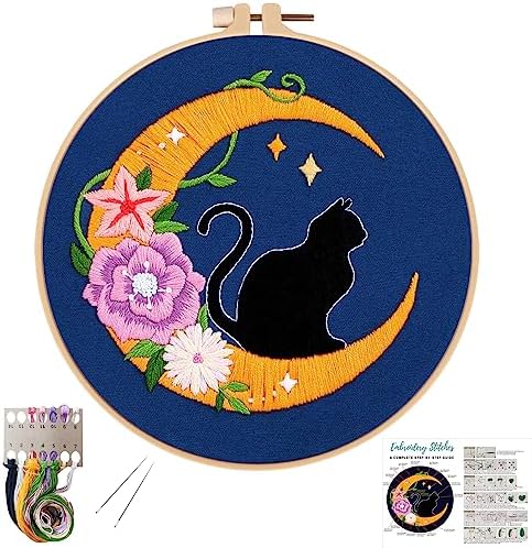 Louise Maelys Cat Moon Embroidery Kit for Beginners Floral DIY Craft Set by LouiseMaelys