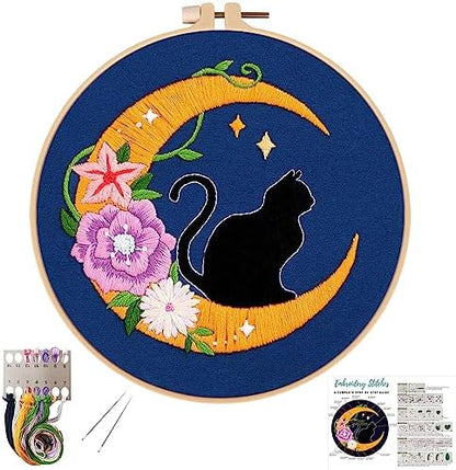 Louise Maelys Cat Moon Embroidery Kit for Beginners Floral DIY Craft Set by LouiseMaelys