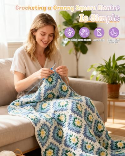 Coopay Crochet Kit for Beginners, Easy 3D Granny Square Blanket Kit, Blue - Image 6