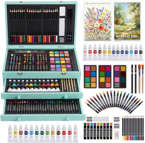 175-Pack Deluxe Wooden Art Set Drawing Painting Kit with 2 Drawing Pads, Acrylic Paints, Colored Pencils, Crayons, Paint Brush, Art Kit in Wooden Case, Gift for Artist, Adults, Teens and Kids by TMOLARTSUPPLIES