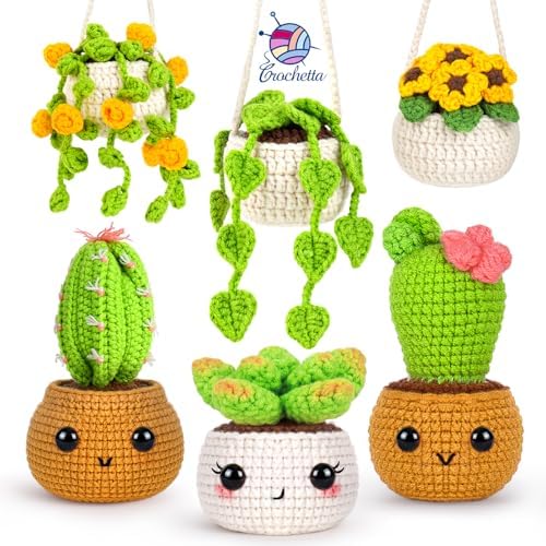 Crochetta Crochet Kit for Beginners, Crochet Starter Kits for Adults, Amigurumi Craft Knitting Crocheting Kits with Step-by-Step Video Tutorials, 6 Pc Hanging Potted Plants Family(40%+ Yarn by Crochetta