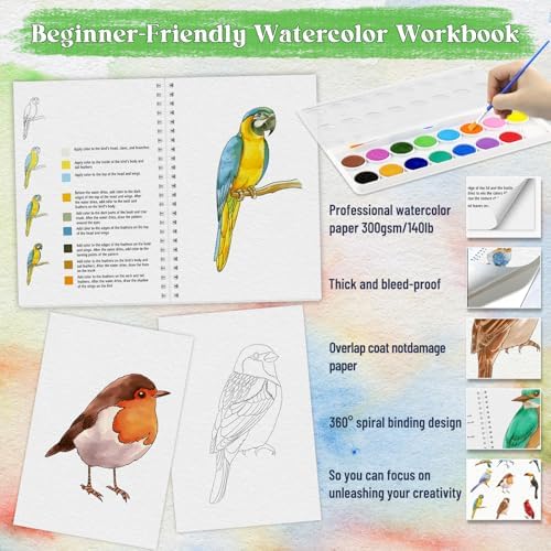 Beginners Watercolor Workbook for Adults, Step-by-Step Coloring Book Set - Image 3