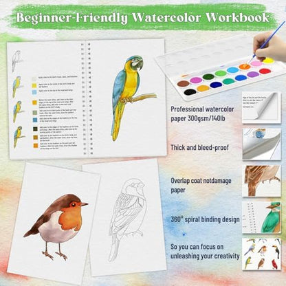 Beginners Watercolor Workbook for Adults, Step-by-Step Coloring Book Set - Image 3