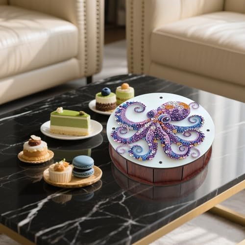 antor DIY Diamond Art Painting Storage Box, Octopus Design 5D Crystal Rhinestone Art Wooden Serving Box, Round Snack or Trinket Container Tabletop Ornament for Ocean Decor or Handmade Gift - Image 6