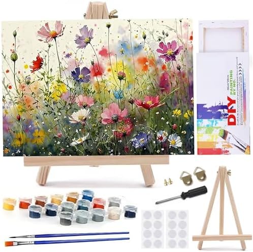 MaiMMaledy Paint by Numbers Kit for Adults Beginners 8Wx12L inch Canvas Pictures with Framed Drawing Painting Works with Wooden Triangle Easel Acrylic Pigment Flower by MaiMMaledy