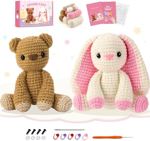 Bunny and Bear Crochet Kit for Beginners 2PCS Crochet Starter Kit for Adult by FightingtoAchieve