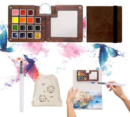 Travel Watercolor Paint Set - Pocket 15-Color Mini Art Kit with Sketch Pad by GOOTXUSK