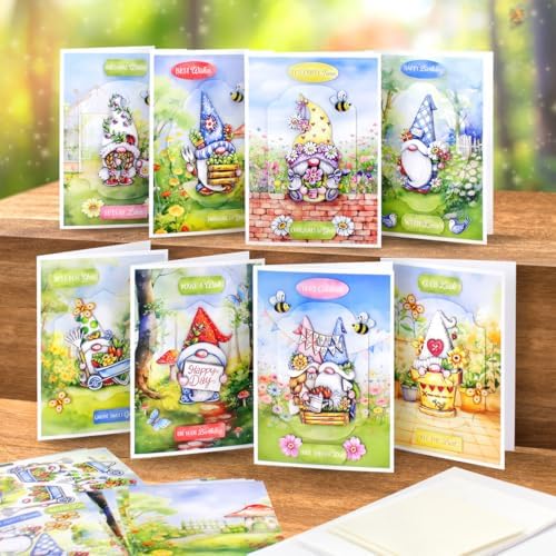 Katy Sue The Garden Gnomes Card Making Kit. Makes 8 Cards at 5 x 7 Inches. Contains Gnome Die-Cut Decoupage, Background Scenes, Cards, Envelopes & Foam Pads for Card Making Supplies. UK-Made. - Image 3