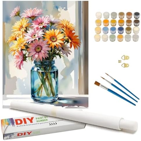 Floral Still Life Paint by Numbers Kit for Adults - DIY Colorful Gerbera Daisies in Blue Jar Painting on Rolled Canvas 16x20 Inches, Acrylic Paint Set for Beginners, Art for Home Decoration or Gifts by Unknown