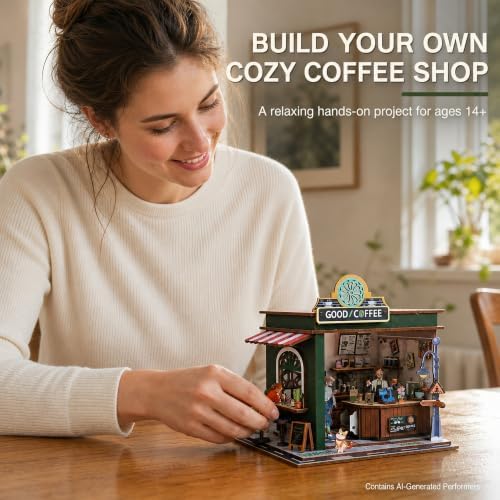 Evankin Coffee Shop Book Nook Kit, DIY Miniature House with LED Light - Image 6